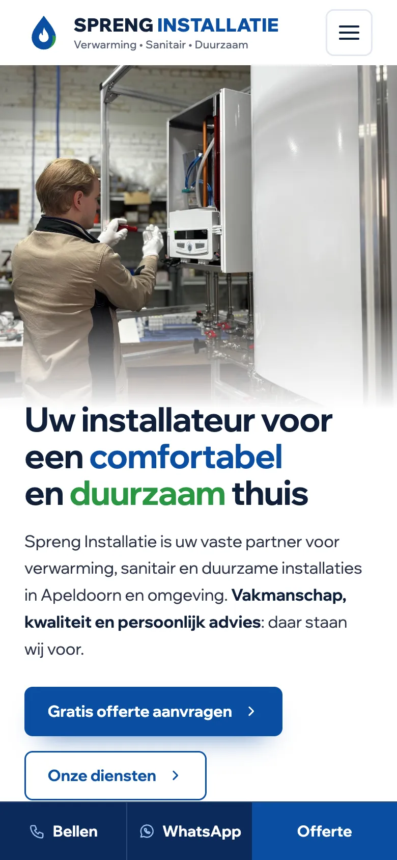 Voorbeeldsite Spreng Installatie op een telefoon, met onderin de knoppen Bellen, WhatsApp en Offerte
