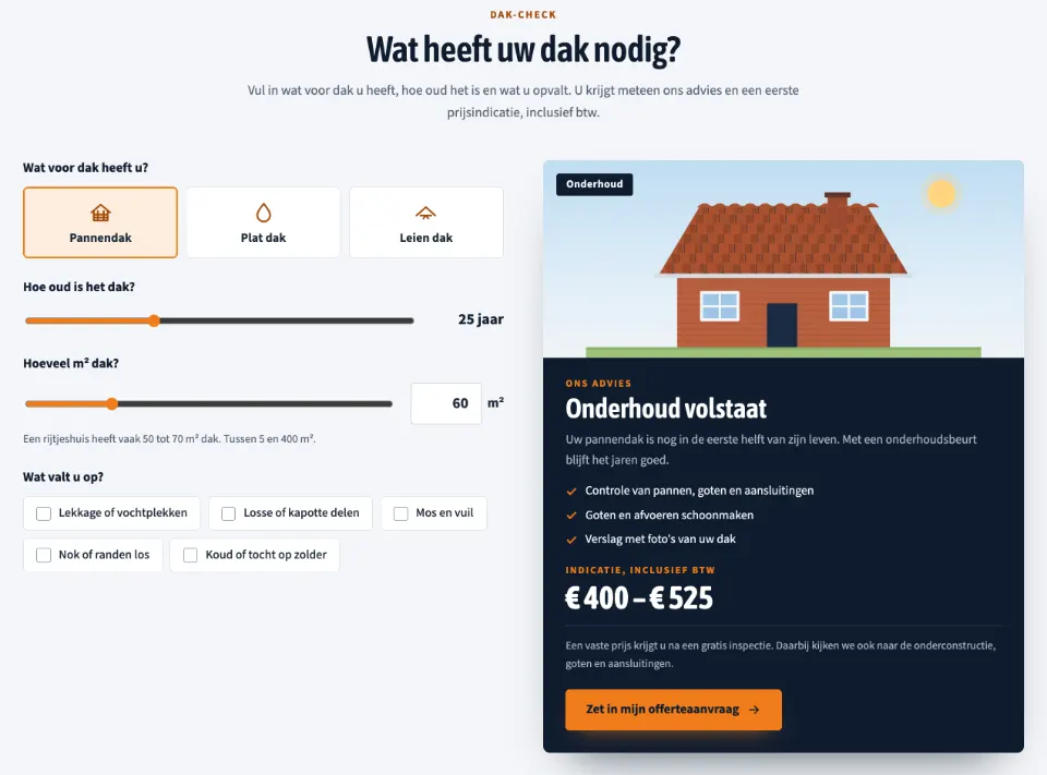 De tool "Wat heeft uw dak nodig?" op voorbeeldsite Dakstede Dakwerken