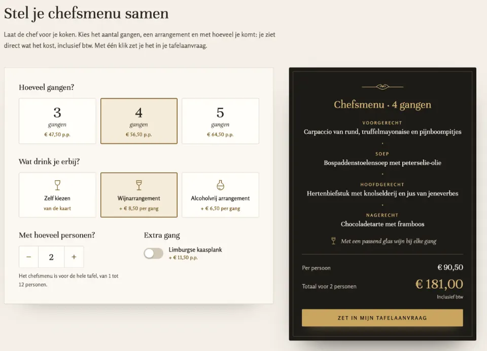 De tool "Stel je chefsmenu samen" op voorbeeldsite Bistro Sjoen