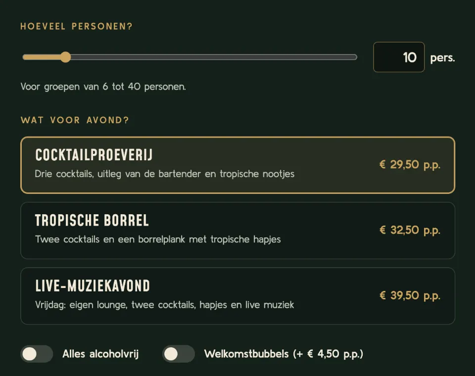De tool "Stel je tropische avond samen" op voorbeeldsite Palmzand Cocktailbar