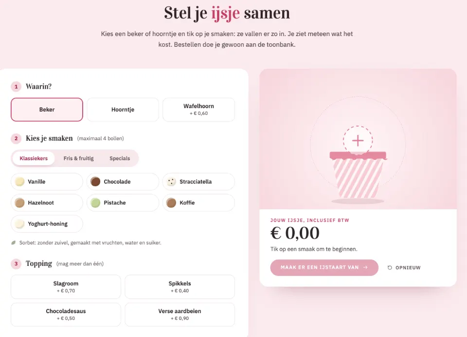 De tool "Stel je ijsje samen" op voorbeeldsite IJssalon Zeezoet