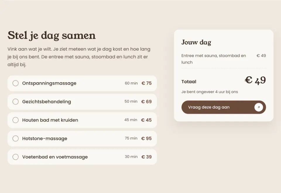 De tool "Stel je dag samen" op voorbeeldsite Dagspa Amberhuis