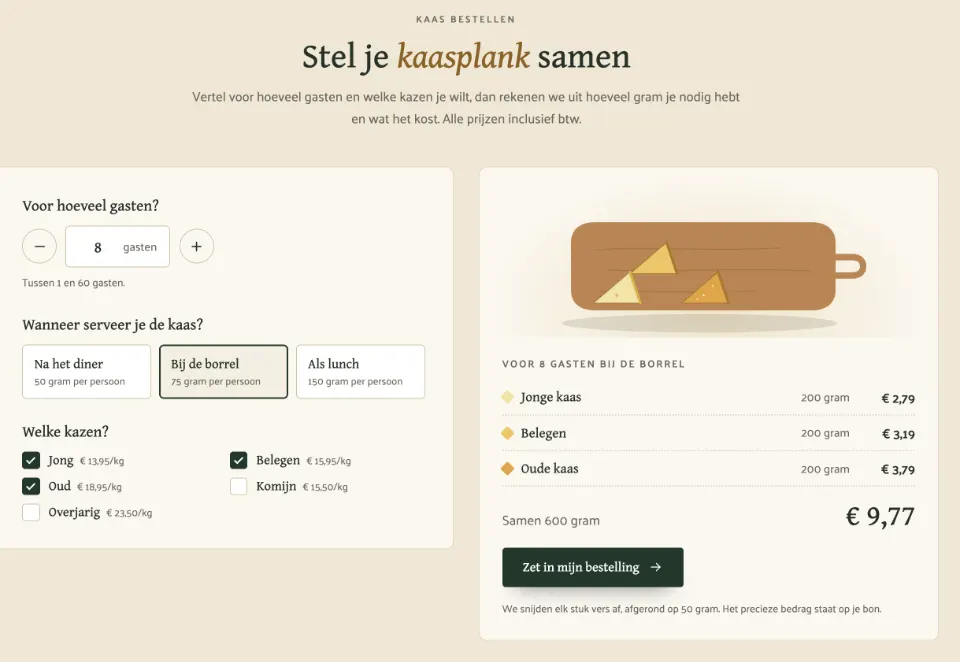 De tool "Stel je kaasplank samen" op voorbeeldsite Kaasmakerij Rijnweide