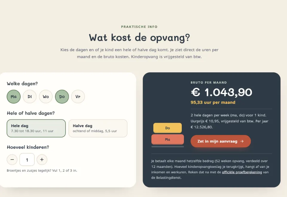 De tool "Wat kost de opvang?" op voorbeeldsite Kinderdagverblijf Het Mezenhuisje
