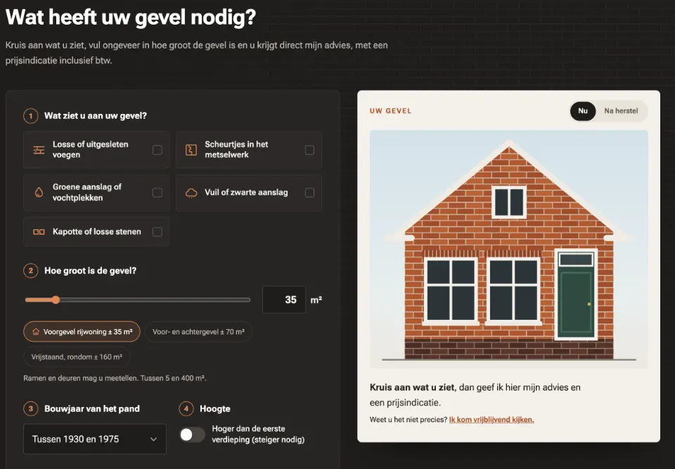De tool "Wat heeft uw gevel nodig?" op voorbeeldsite Wybenga Metselwerken
