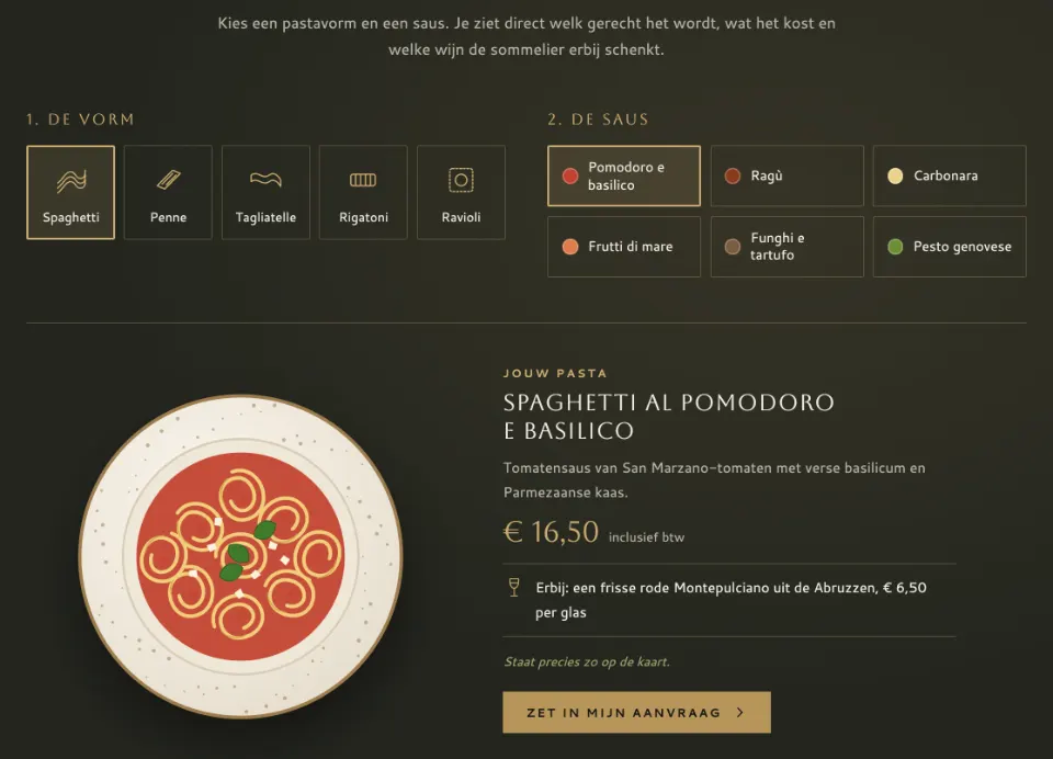 De tool "Welke pasta wordt het?" op voorbeeldsite Ristorante Rosaluce