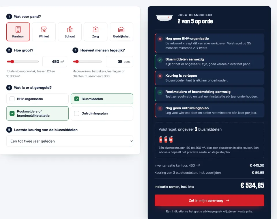 De tool "Hoe brandveilig is jouw pand?" op voorbeeldsite Schildwacht Brandpreventie