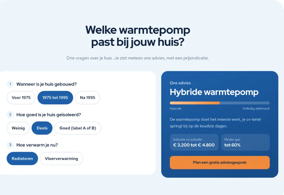 De tool "Welke warmtepomp past bij jouw huis?" op voorbeeldsite Singelwarm