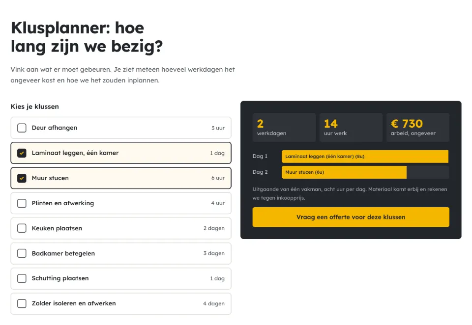De tool "Klusplanner: hoe lang zijn we bezig?" op voorbeeldsite Klusvast