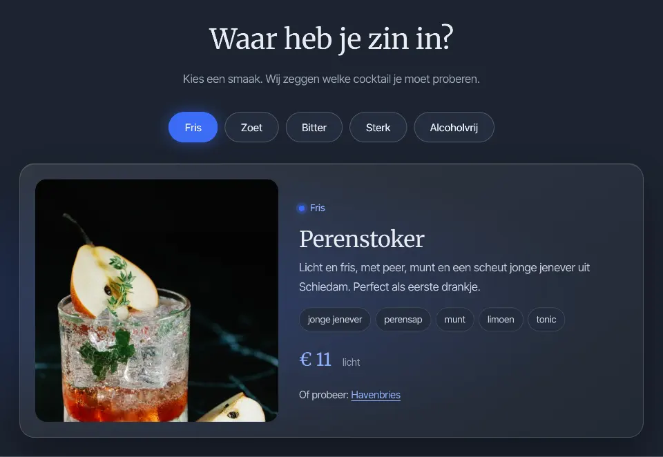 De tool "Waar heb je zin in?" op voorbeeldsite Nachtstoker