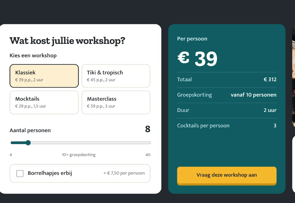 De tool "Wat kost jullie workshop?" op voorbeeldsite De Shakerij