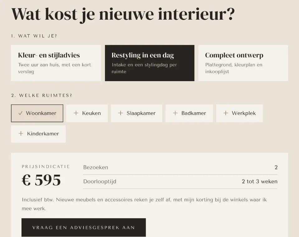 De tool "Wat kost je nieuwe interieur?" op voorbeeldsite Studio Zandsteen