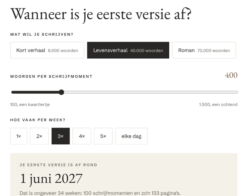 De tool "Wanneer is je eerste versie af?" op voorbeeldsite Inktuur