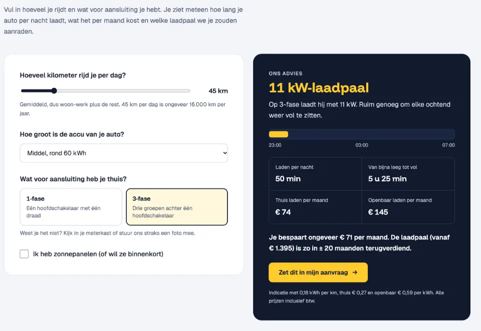 De tool "Wat heb jij nodig?" op voorbeeldsite Nachtlader