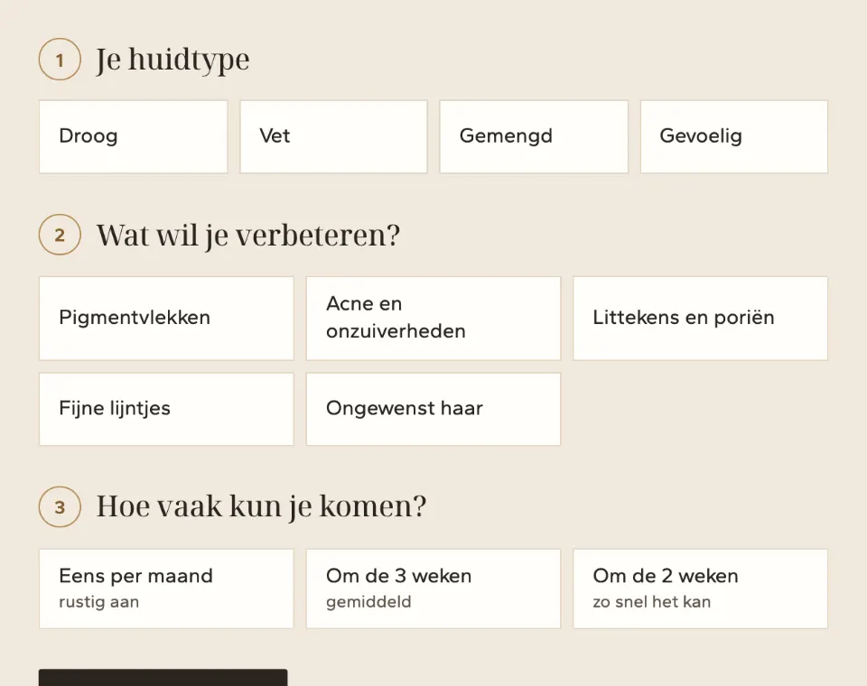 De tool "Welk traject past bij jouw huid?" op voorbeeldsite Velijn huidkliniek