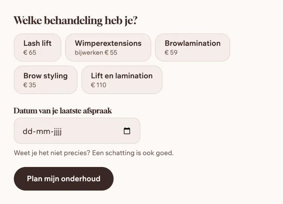 De tool "Wanneer moet je weer?" op voorbeeldsite Krul & Boog