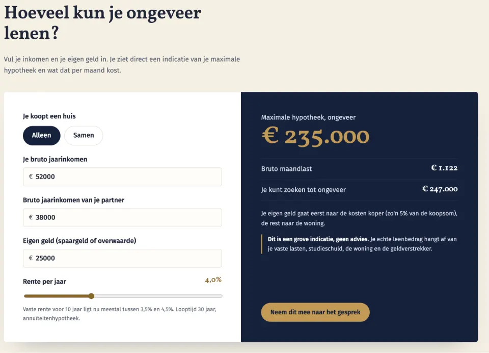 De tool "Hoeveel kun je ongeveer lenen?" op voorbeeldsite Huisboek