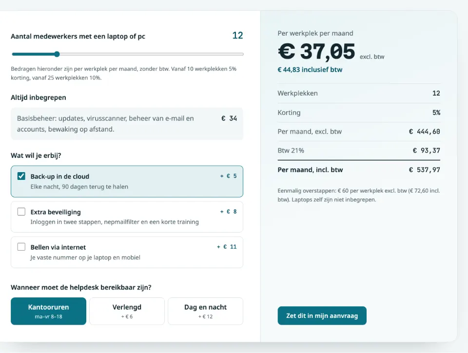 De tool "Wat kost het voor jouw bedrijf?" op voorbeeldsite Kalmwerk