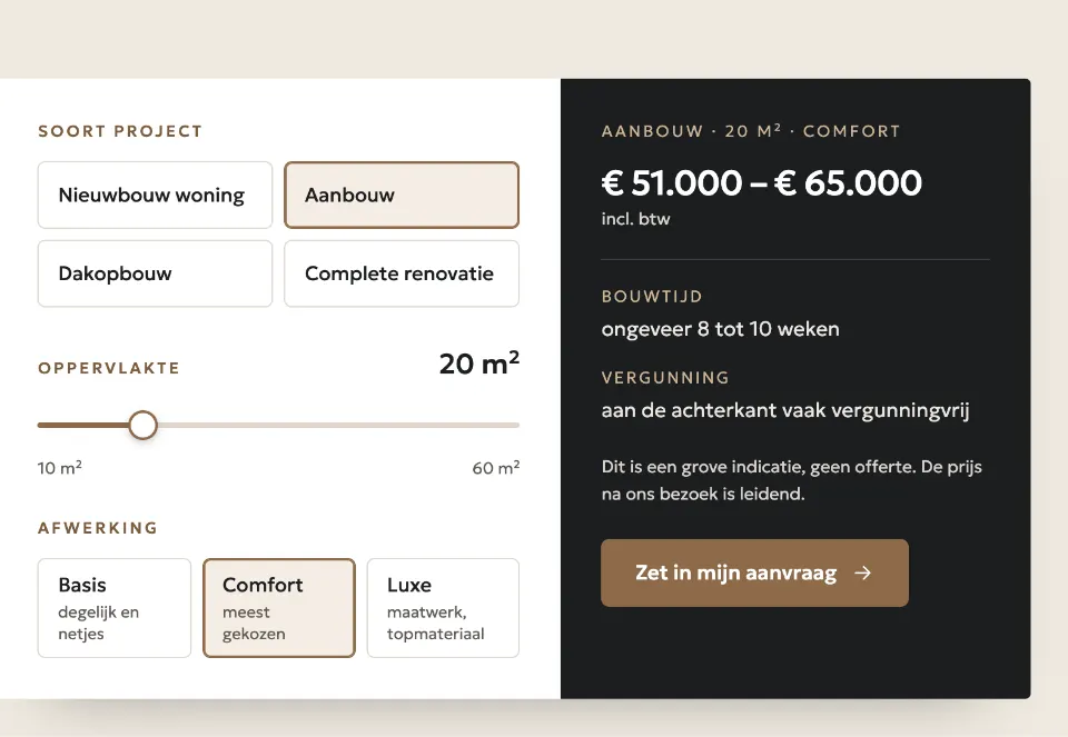 De tool "Wat kost het ongeveer?" op voorbeeldsite Hoekstijl bouwbedrijf