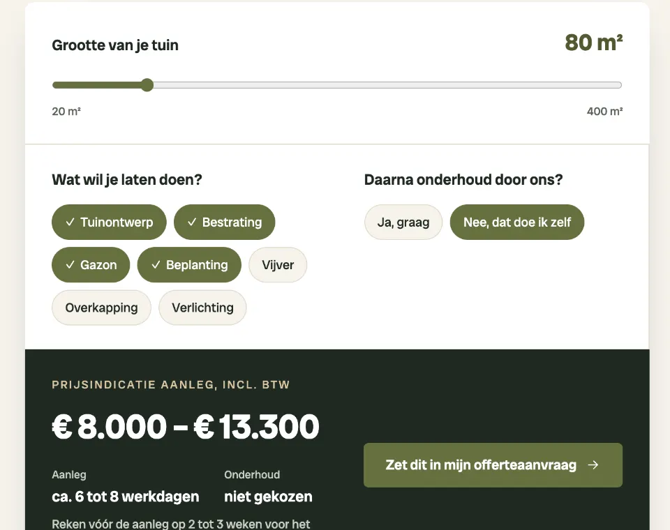 De tool "Wat kost jouw nieuwe tuin ongeveer?" op voorbeeldsite Mosweide Hoveniers