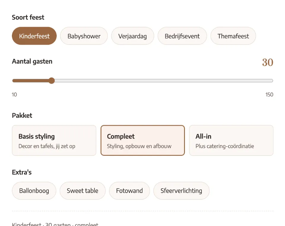 De tool "Wat kost jouw feest ongeveer?" op voorbeeldsite Rozelint events