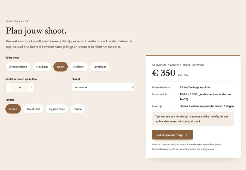 De tool "Plan jouw shoot" op voorbeeldsite Merel Duinhof fotografie
