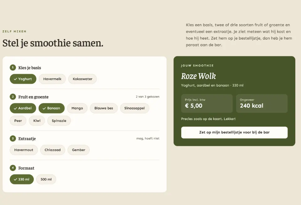 De tool "Stel je smoothie samen" op voorbeeldsite Fruitwerf