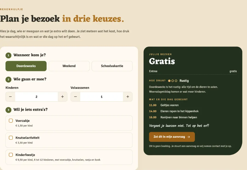 De tool "Plan je bezoek in drie keuzes" op voorbeeldsite De Klompenwei