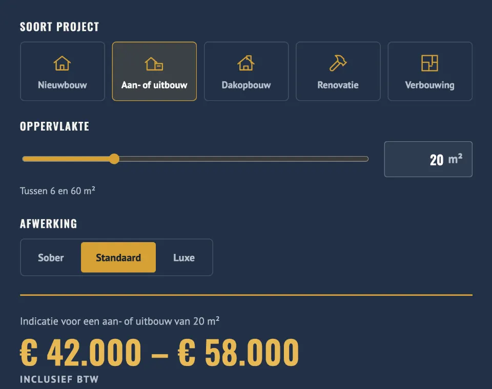 De tool "Wat kost uw plan ongeveer?" op voorbeeldsite Stevast Bouw