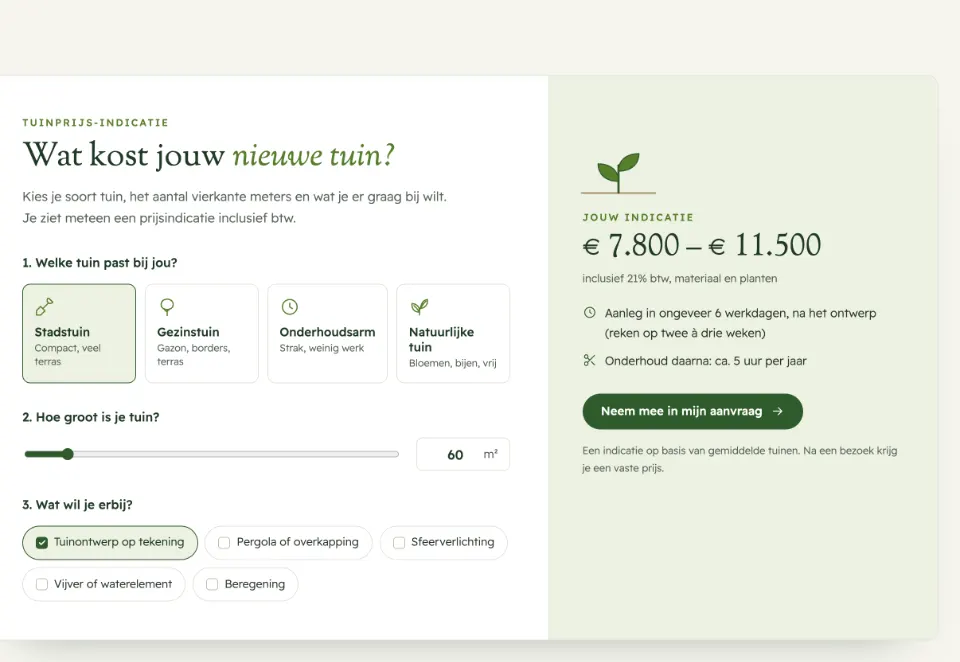 De tool "Wat kost jouw nieuwe tuin?" op voorbeeldsite Lommerhof Hoveniers