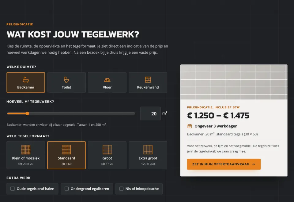 De tool "Wat kost jouw tegelwerk?" op voorbeeldsite Van Maasakker Tegelzetter