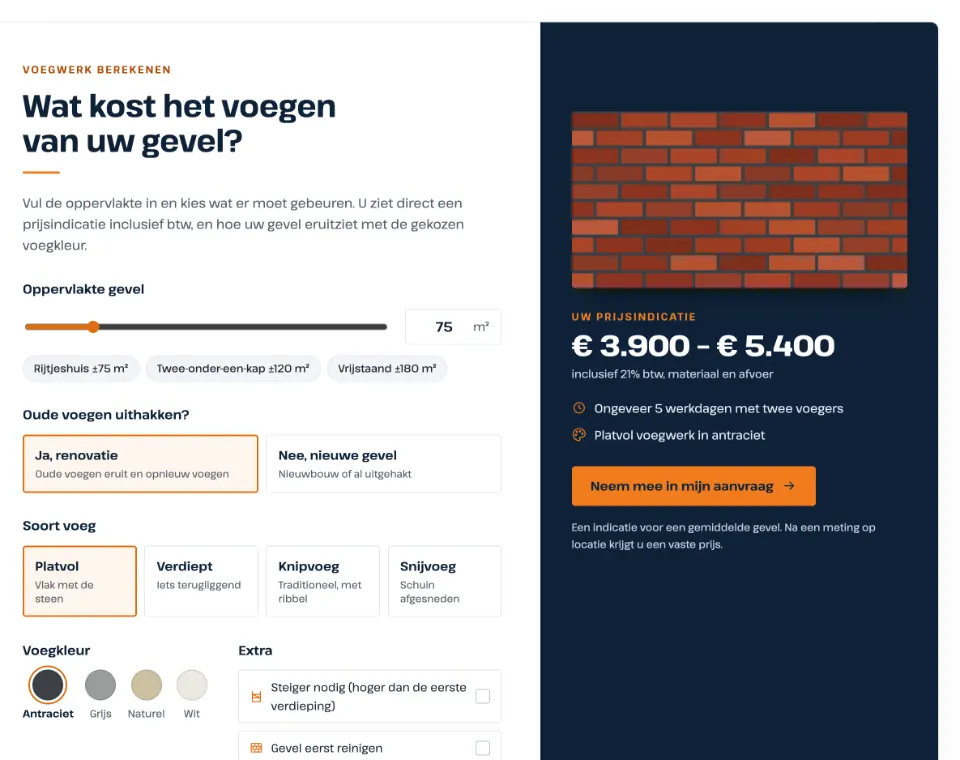 De tool "Wat kost het voegen van uw gevel?" op voorbeeldsite Tjonger Voegwerken