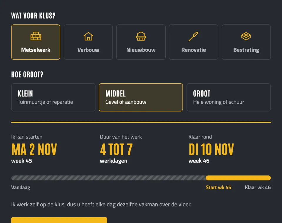 De tool "Wanneer kan ik beginnen?" op voorbeeldsite Vakbouw Bram
