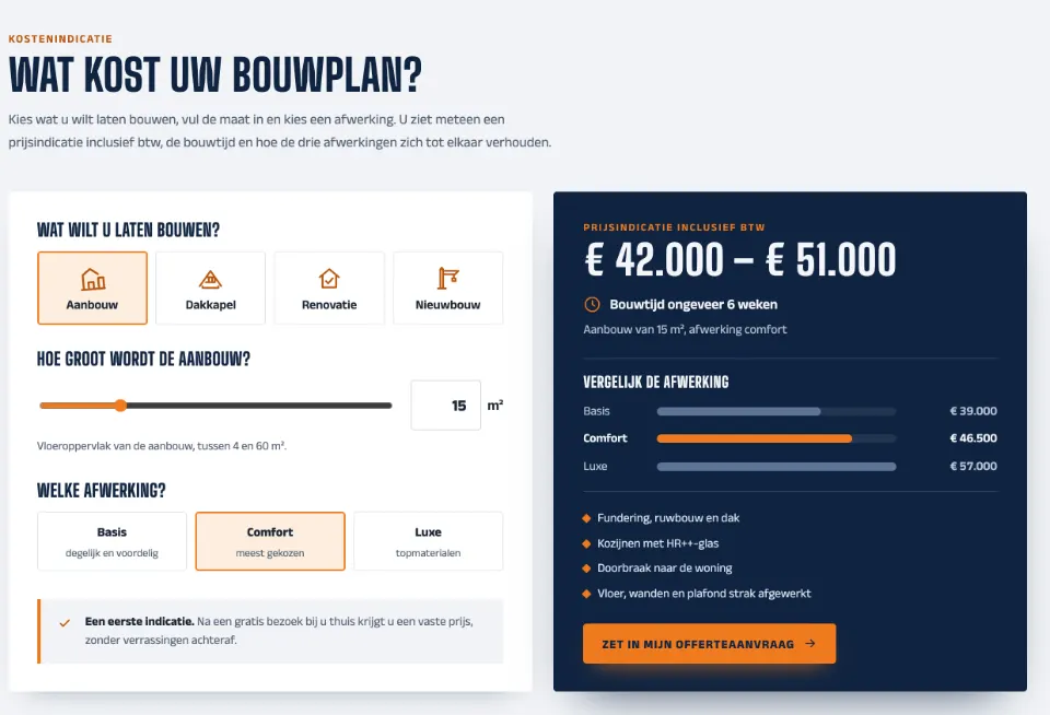 De tool "Wat kost uw bouwplan?" op voorbeeldsite Ringvaart Bouw