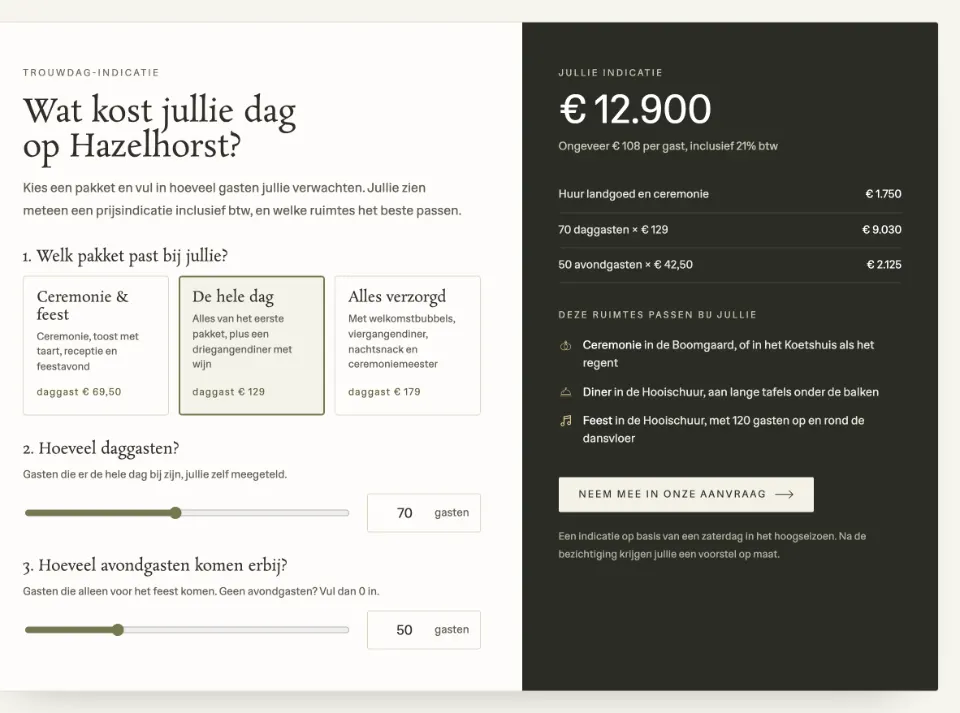 De tool "Wat kost jullie dag op Hazelhorst?" op voorbeeldsite Landgoed Hazelhorst