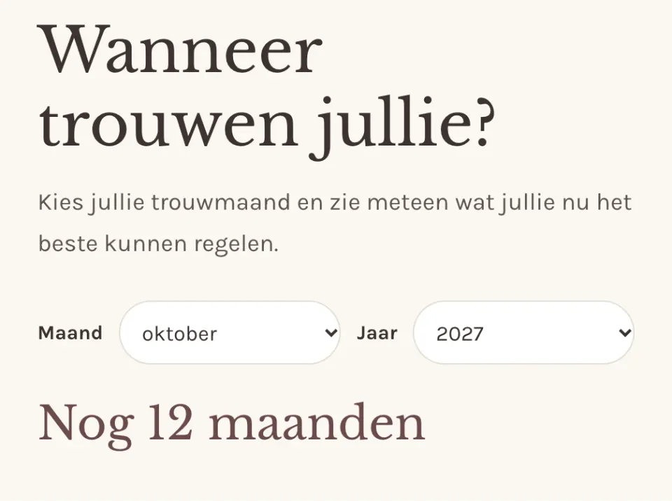 De tool "Wanneer trouwen jullie?" op voorbeeldsite Duinroos weddings