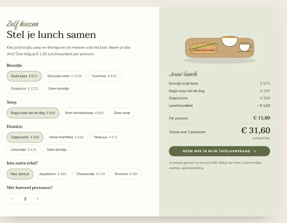 De tool "Stel je lunch samen" op voorbeeldsite Lunchroom De Olijftak