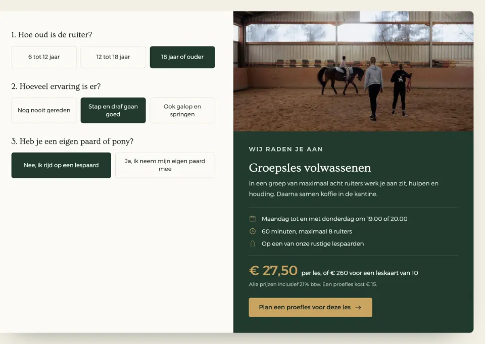 De tool "Welke les past bij jou?" op voorbeeldsite Manege De Berkenweide