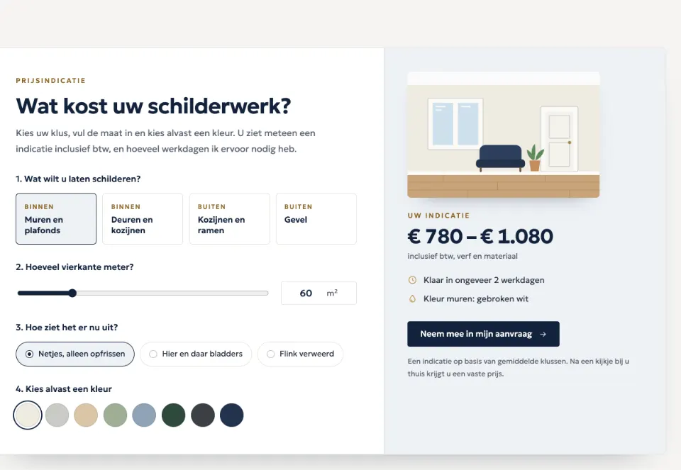 De tool "Wat kost uw schilderwerk?" op voorbeeldsite Strijklicht Schilderwerk