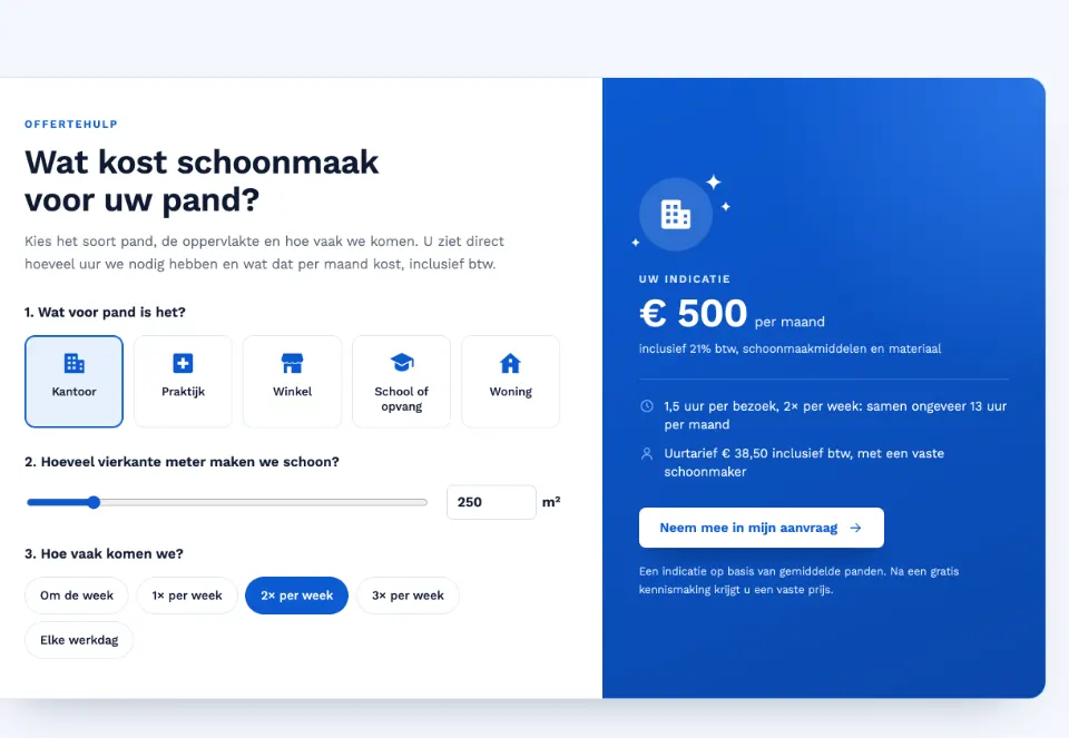 De tool "Wat kost schoonmaak voor uw pand?" op voorbeeldsite Glinster Schoonmaakbedrijf