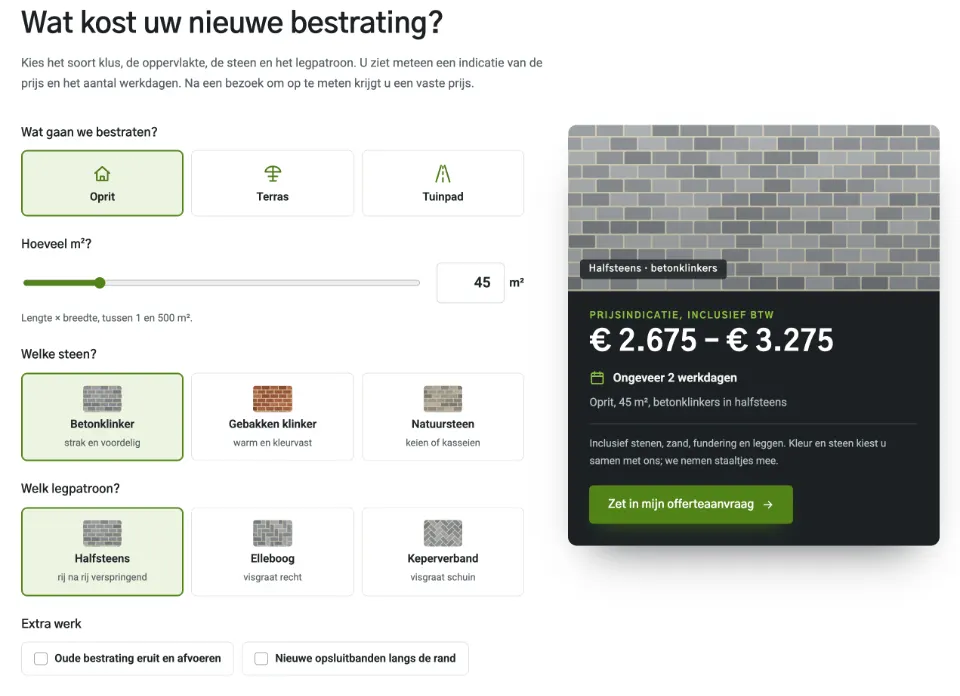 De tool "Wat kost uw nieuwe bestrating?" op voorbeeldsite Van Heijst Bestrating