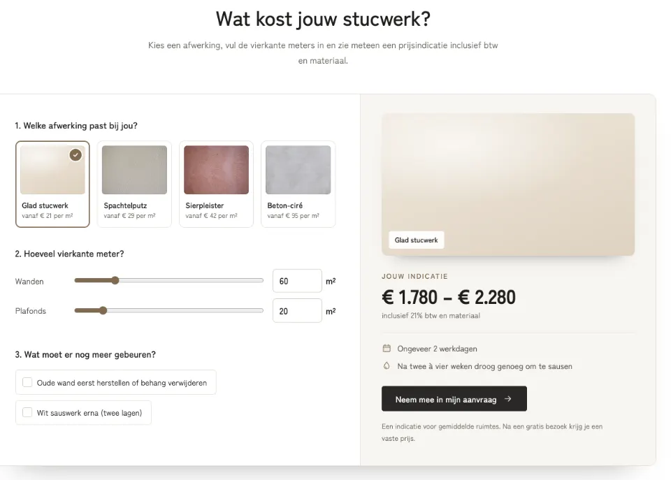 De tool "Wat kost jouw stucwerk?" op voorbeeldsite Vlakwerk Stukadoors
