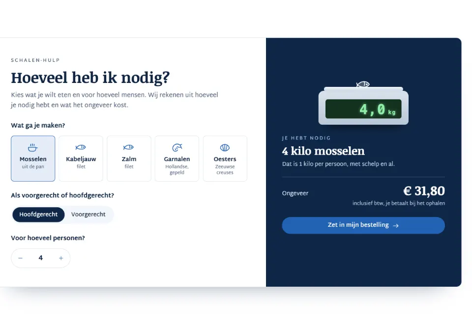 De tool "Hoeveel heb ik nodig?" op voorbeeldsite Vishandel De Zeekraal