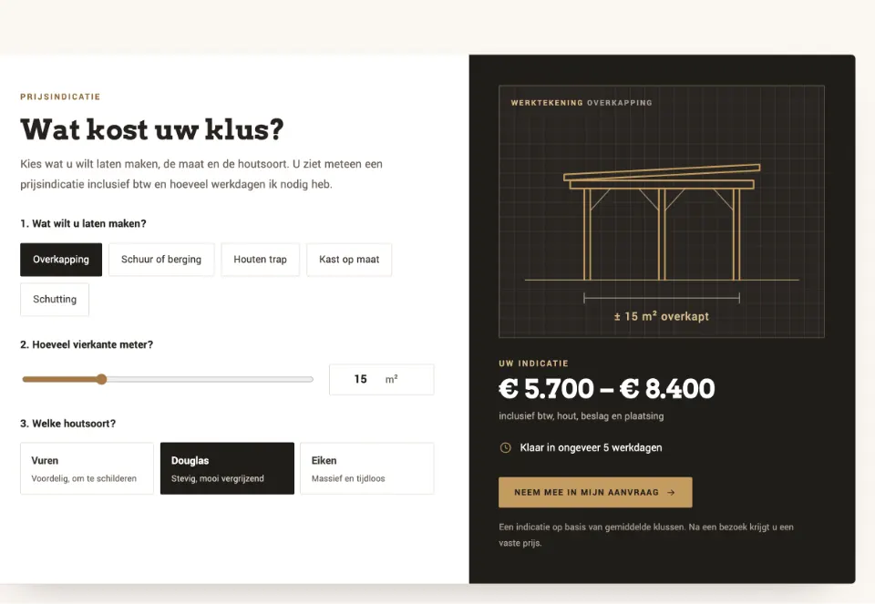 De tool "Wat kost uw klus?" op voorbeeldsite Lekhout Timmerwerk