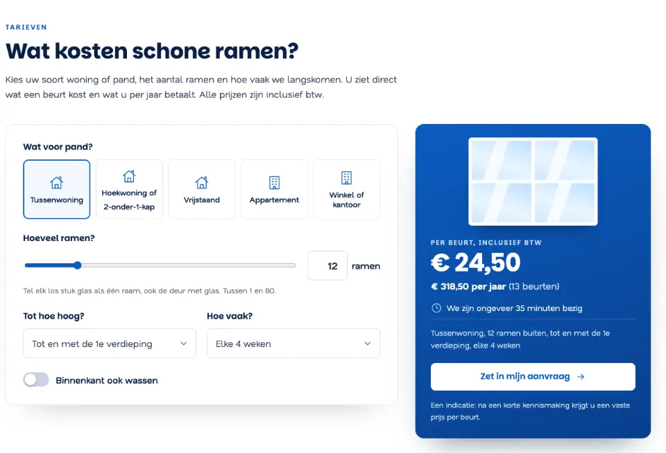 De tool "Wat kosten schone ramen?" op voorbeeldsite Eemhelder Glazenwasserij