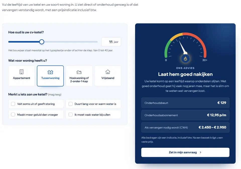 De tool "Is uw cv-ketel nog fit?" op voorbeeldsite Spreng Installatie