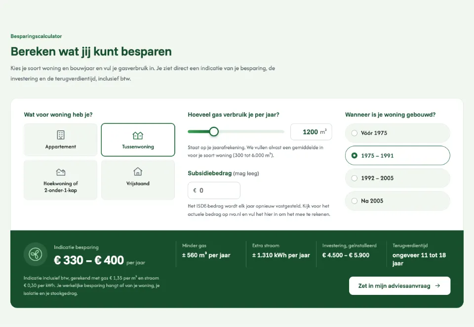 De tool "Bereken wat jij kunt besparen" op voorbeeldsite Duowarmte