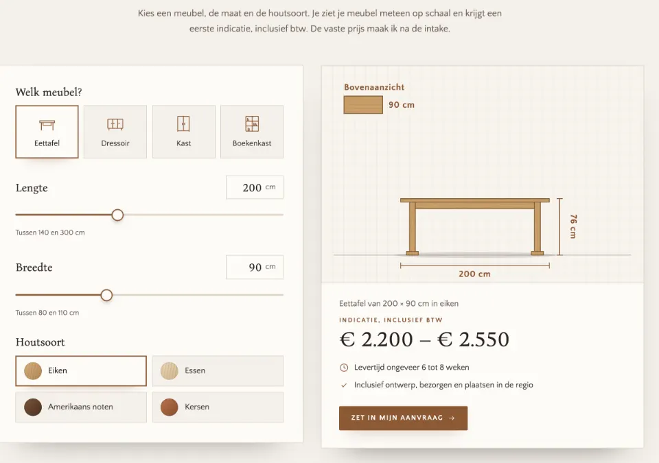 De tool "Wat kost jouw meubel?" op voorbeeldsite Draadrecht meubelmakerij