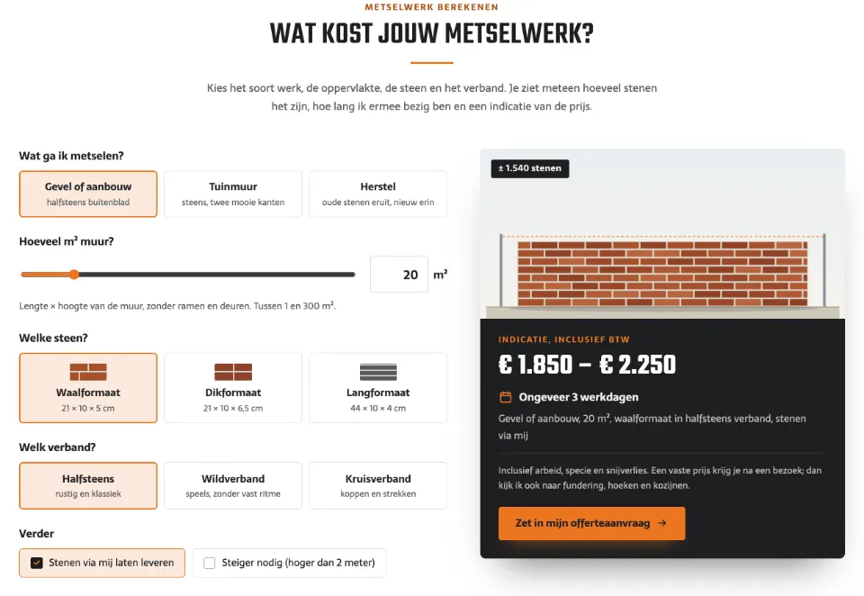 De tool "Wat kost jouw metselwerk?" op voorbeeldsite Van Wetten Metselwerken