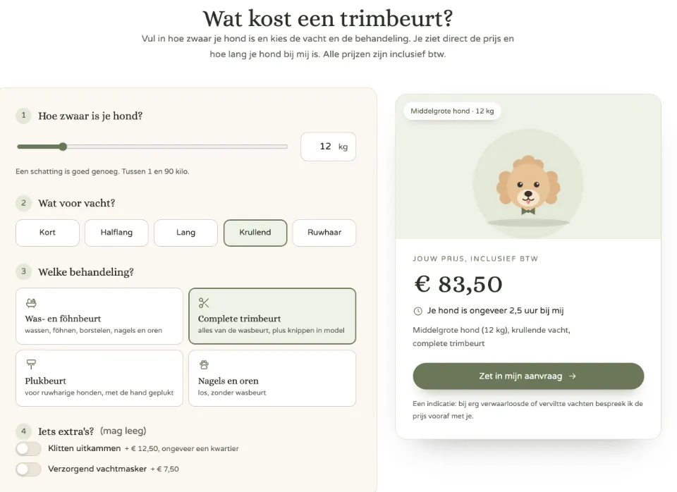 De tool "Wat kost een trimbeurt?" op voorbeeldsite Kwispelglans Hondentrimsalon
